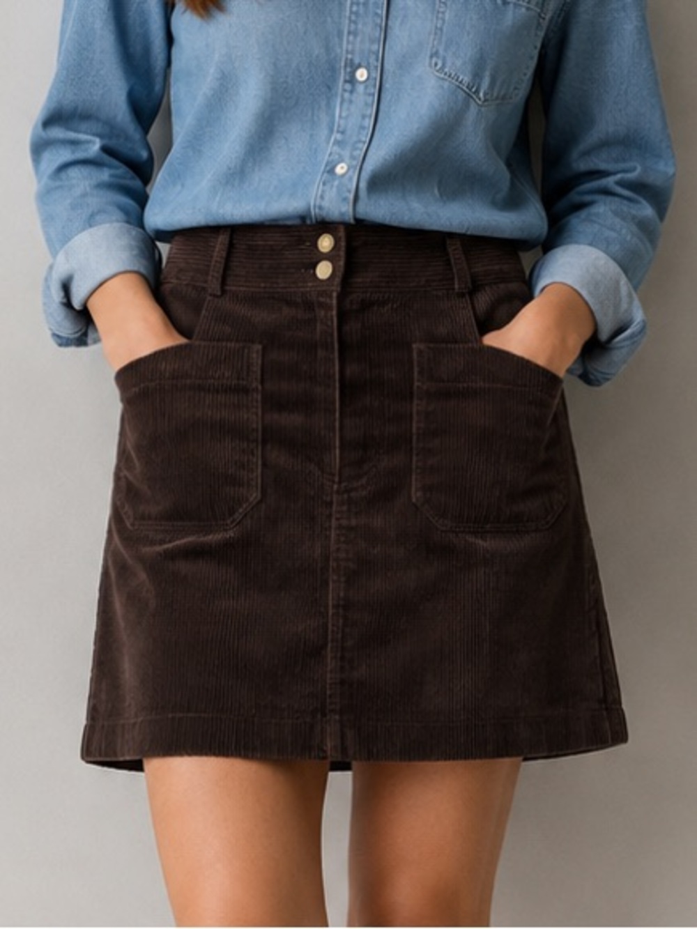 LOFT Brown Corduroy Mini Skirt Size 6 Double Snap Pockets Preppy Academia
